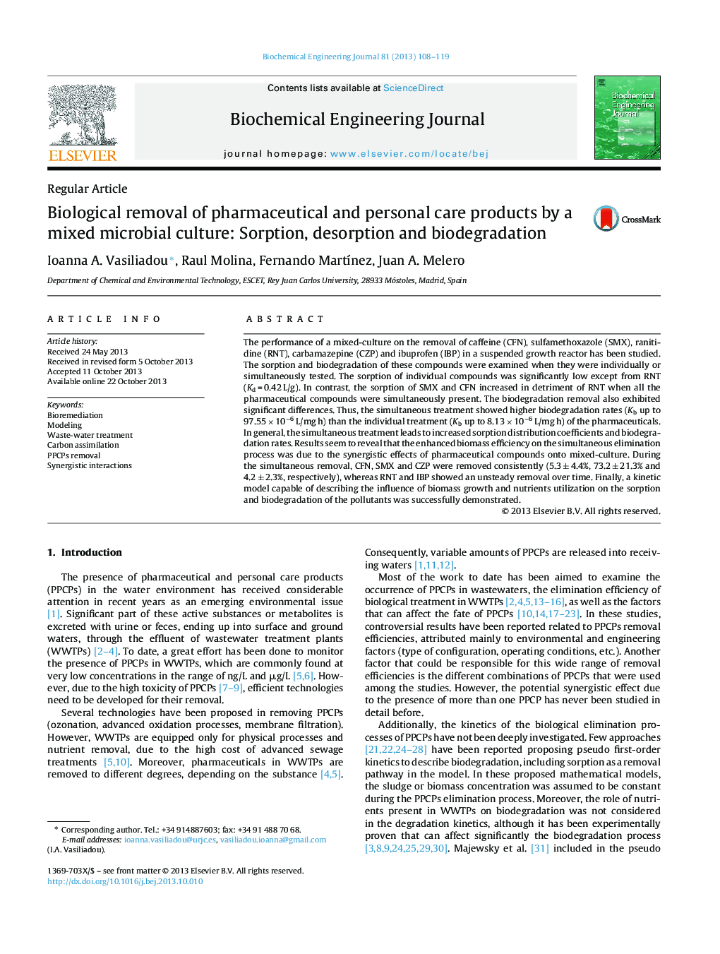 Biological removal of pharmaceutical and personal care products by a mixed microbial culture: Sorption, desorption and biodegradation