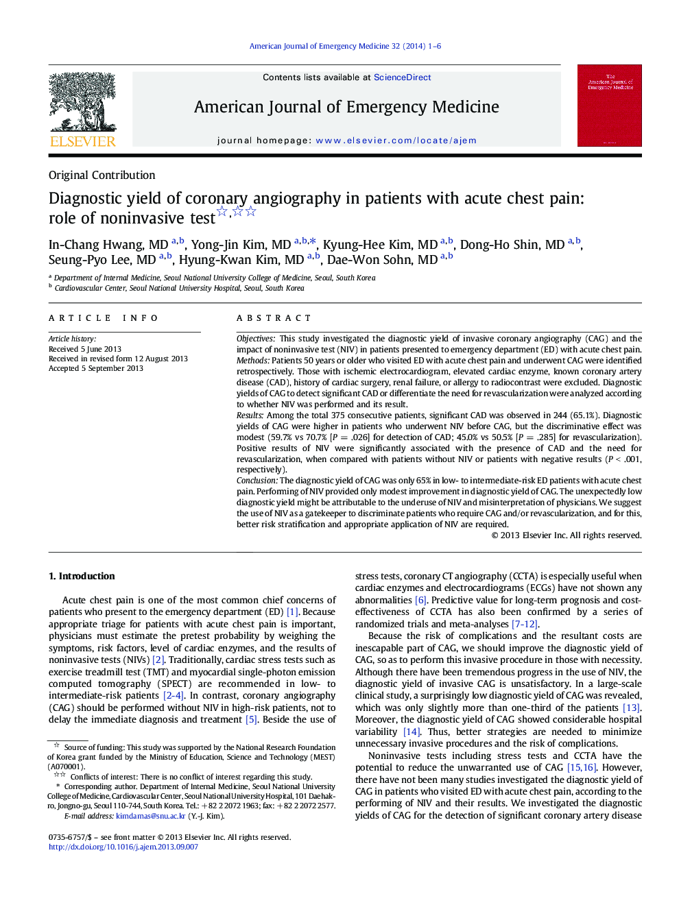 Diagnostic yield of coronary angiography in patients with acute chest pain: role of noninvasive test 