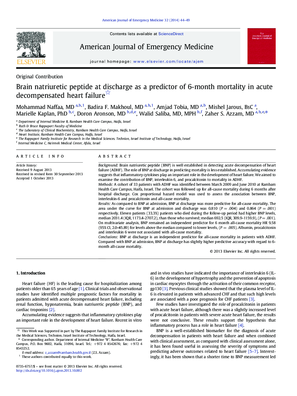 Brain natriuretic peptide at discharge as a predictor of 6-month mortality in acute decompensated heart failure 