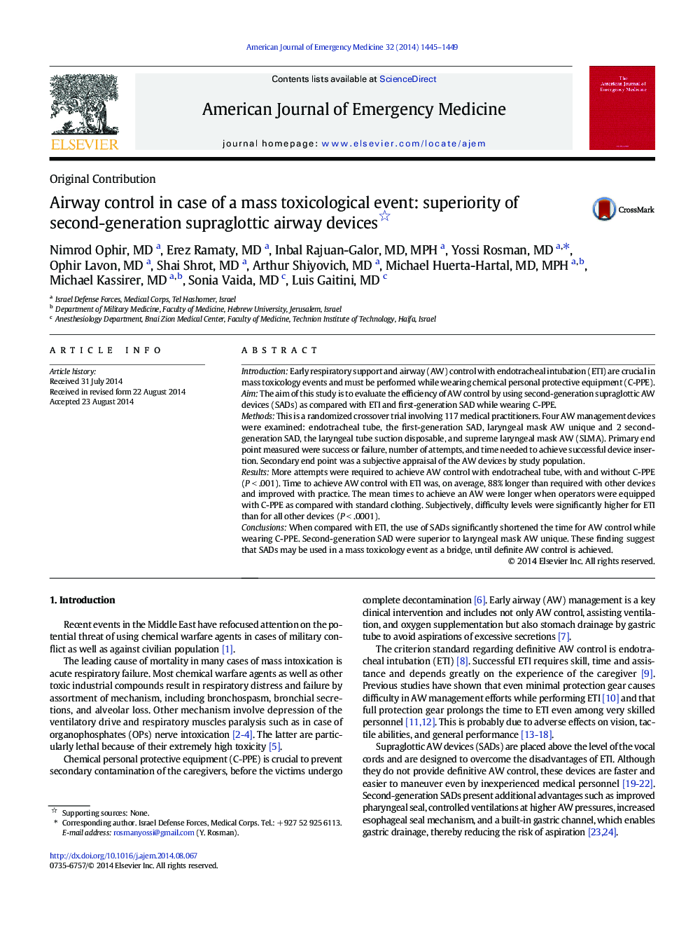 Airway control in case of a mass toxicological event: superiority of second-generation supraglottic airway devices 
