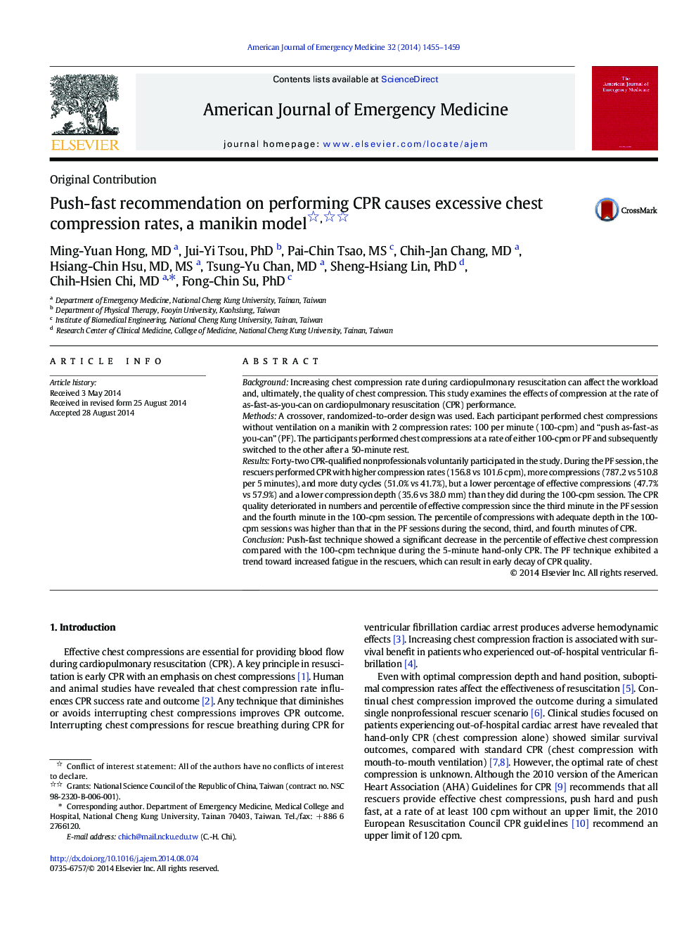Push-fast recommendation on performing CPR causes excessive chest compression rates, a manikin model 