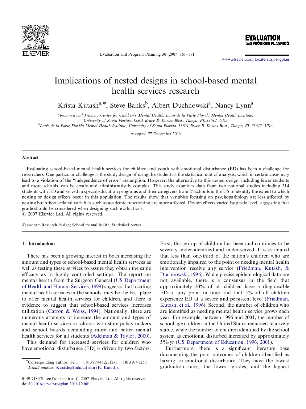 Implications of nested designs in school-based mental health services research