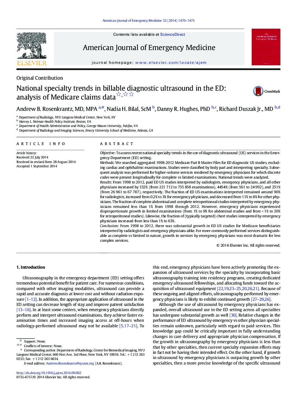 National specialty trends in billable diagnostic ultrasound in the ED: analysis of Medicare claims data 
