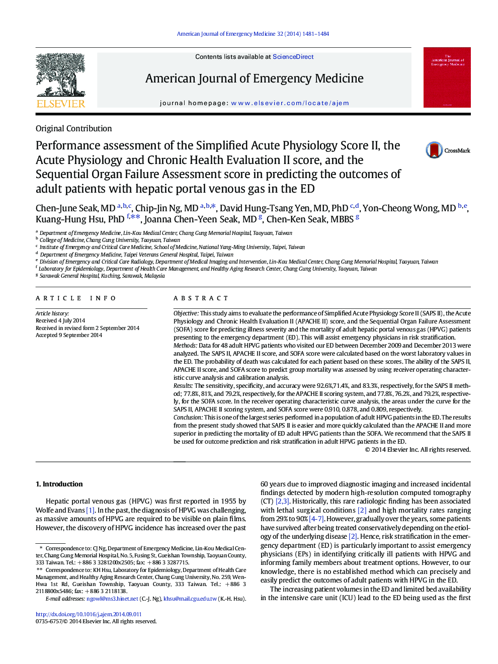 Performance assessment of the Simplified Acute Physiology Score II, the Acute Physiology and Chronic Health Evaluation II score, and the Sequential Organ Failure Assessment score in predicting the outcomes of adult patients with hepatic portal venous gas 