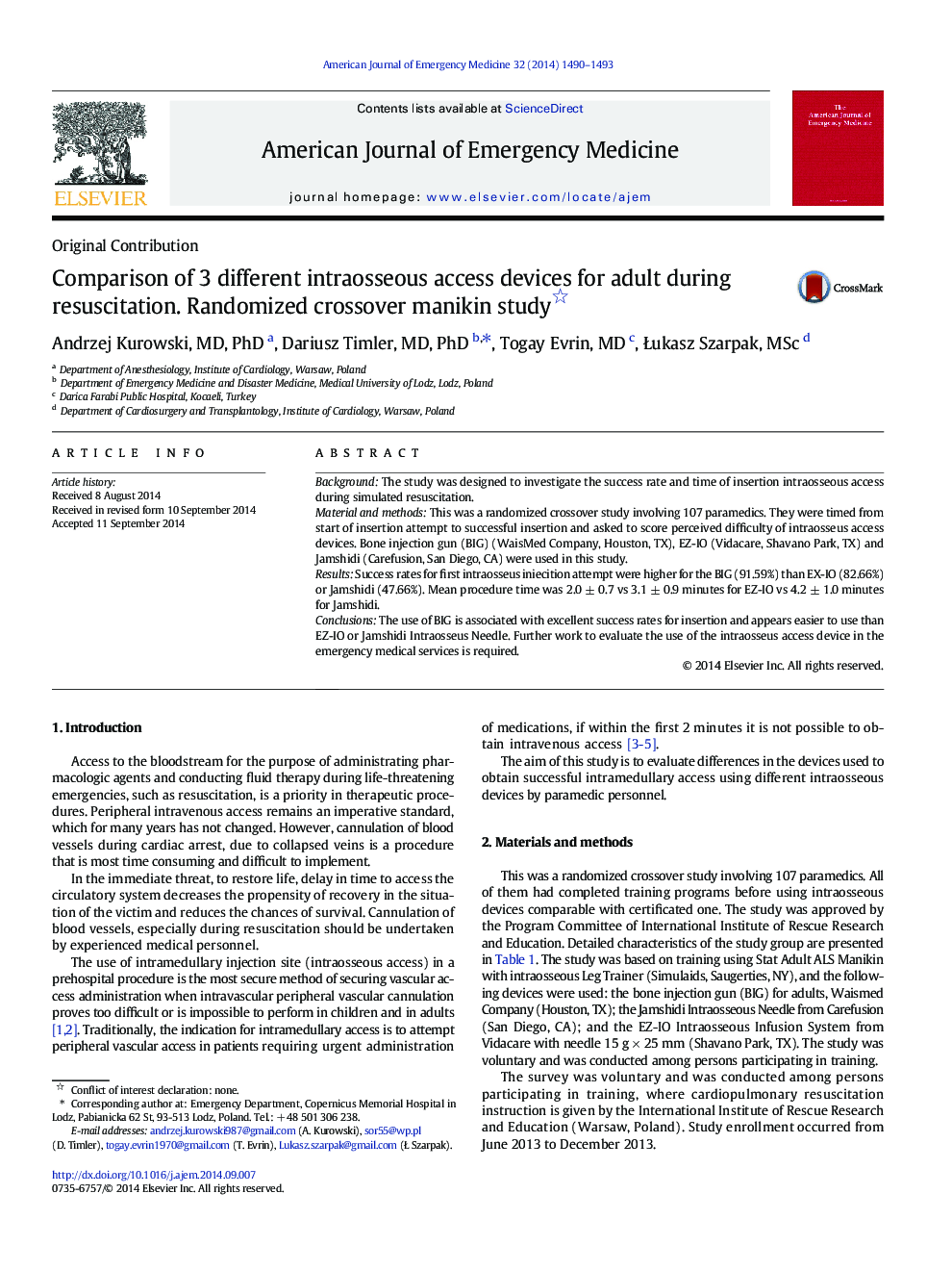 Comparison of 3 different intraosseous access devices for adult during resuscitation. Randomized crossover manikin study 