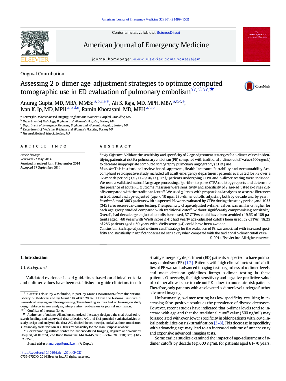 Assessing 2 d-dimer age-adjustment strategies to optimize computed tomographic use in ED evaluation of pulmonary embolism ★