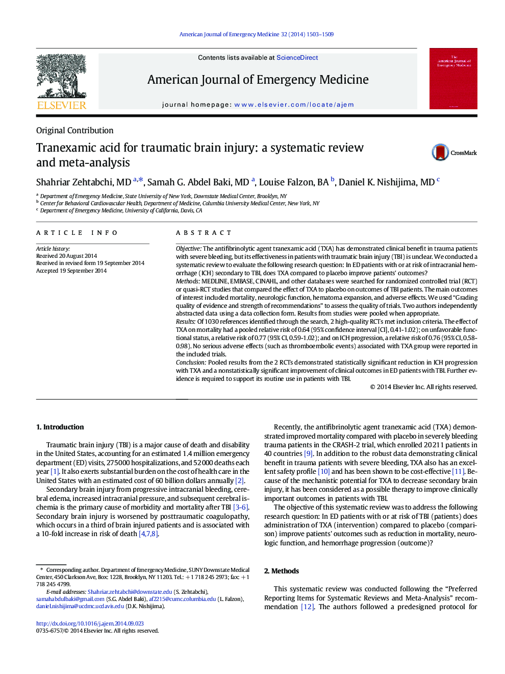 Tranexamic acid for traumatic brain injury: a systematic review and meta-analysis