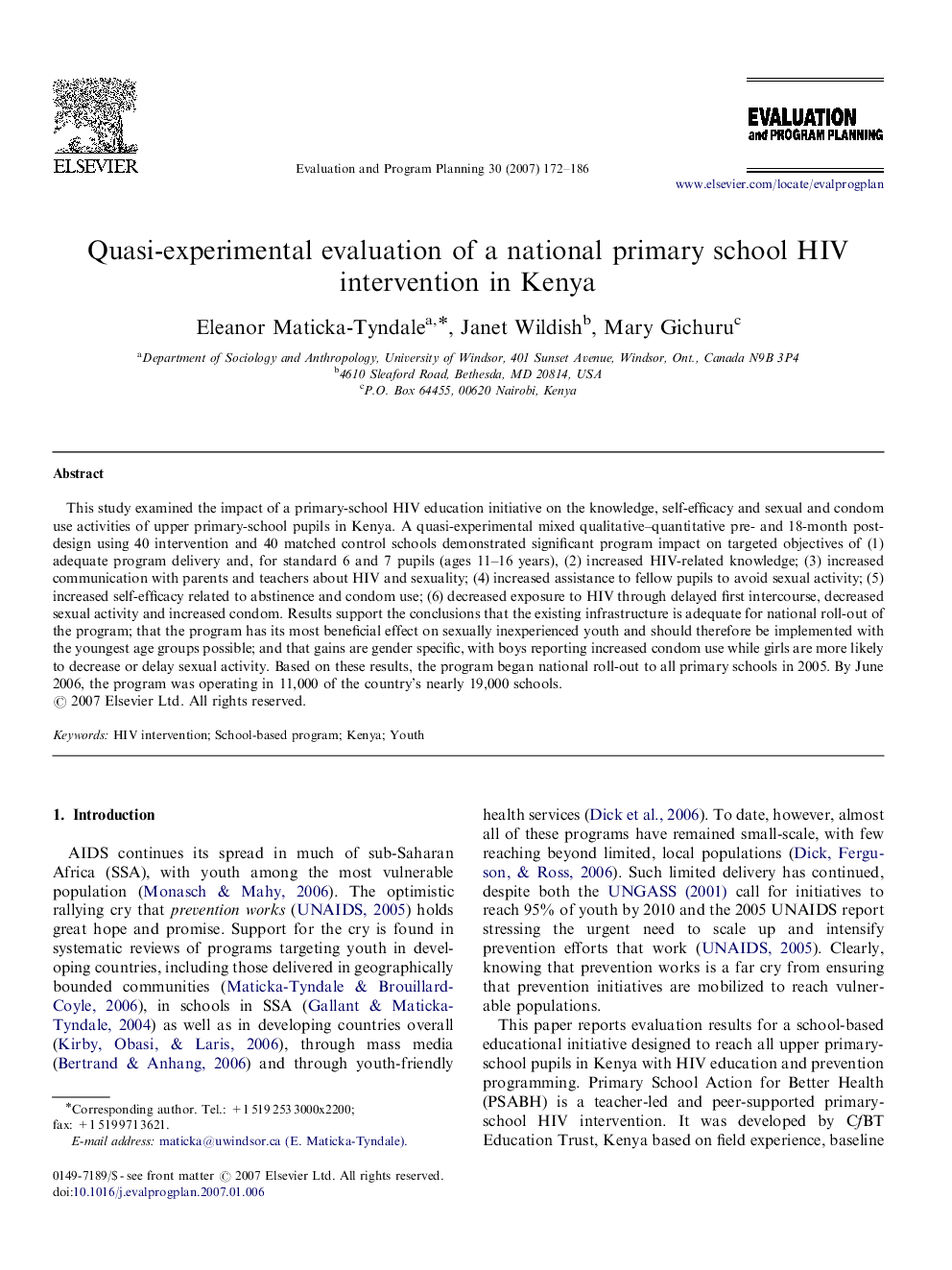 Quasi-experimental evaluation of a national primary school HIV intervention in Kenya