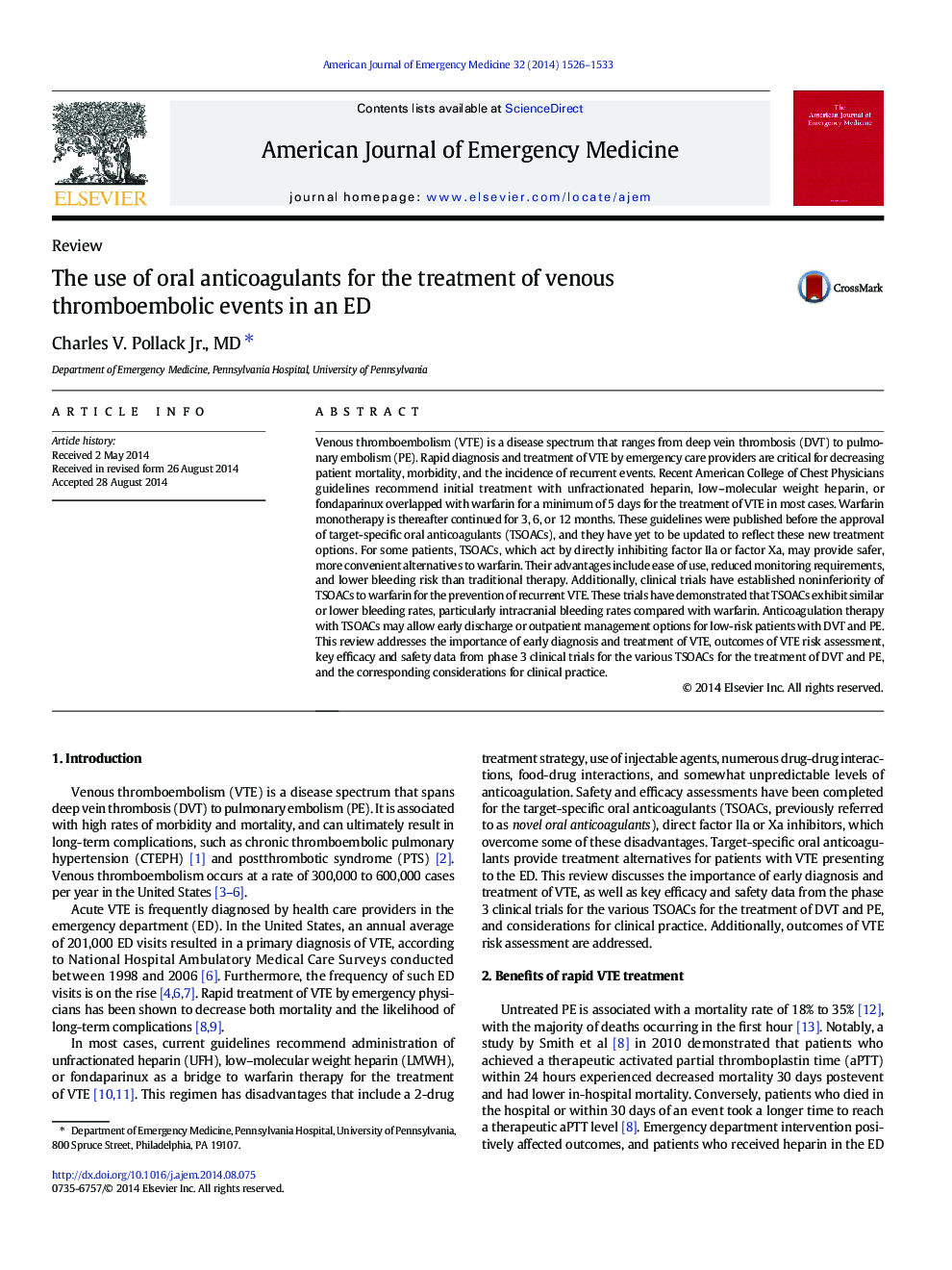 The use of oral anticoagulants for the treatment of venous thromboembolic events in an ED
