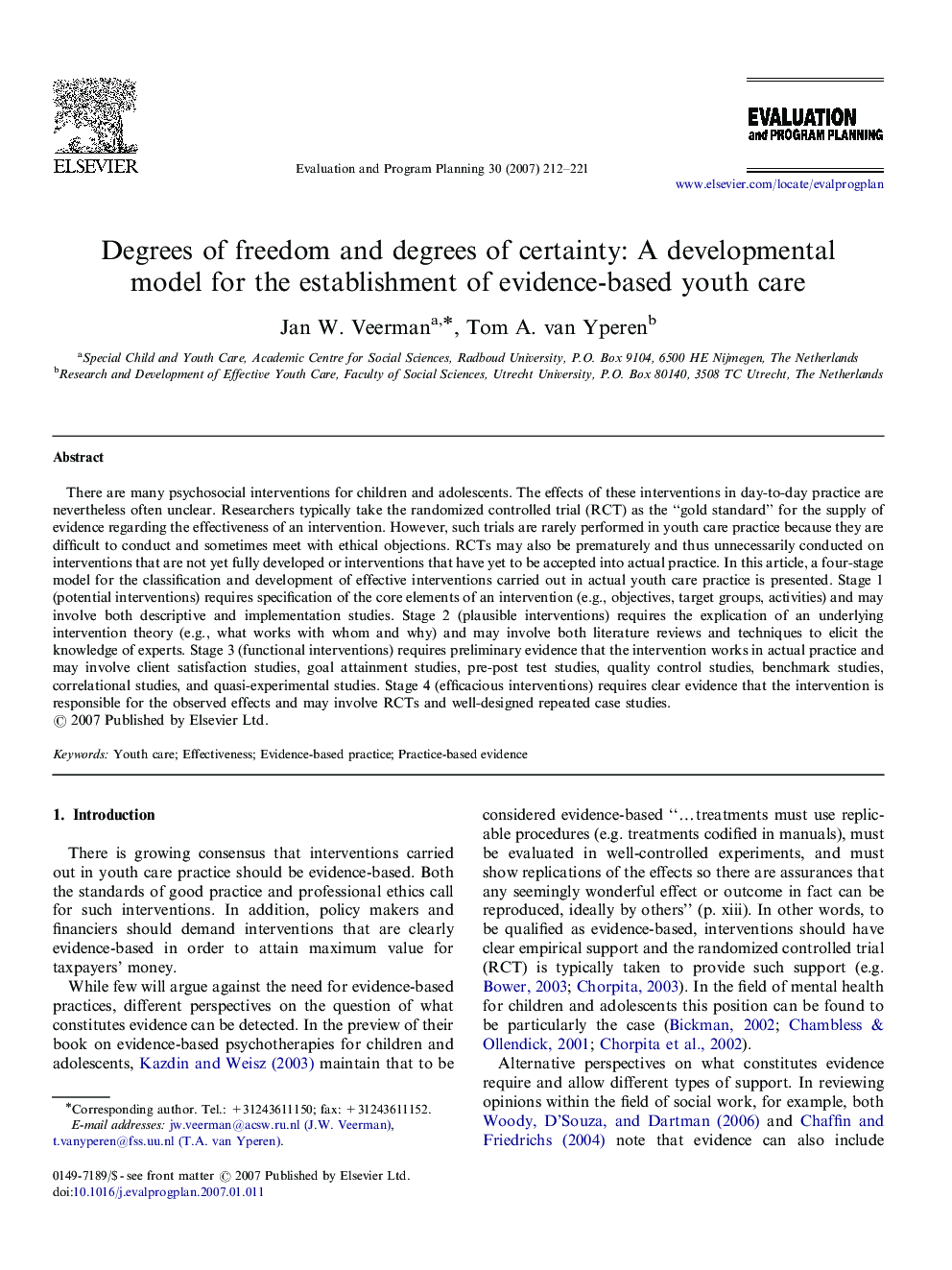 Degrees of freedom and degrees of certainty: A developmental model for the establishment of evidence-based youth care