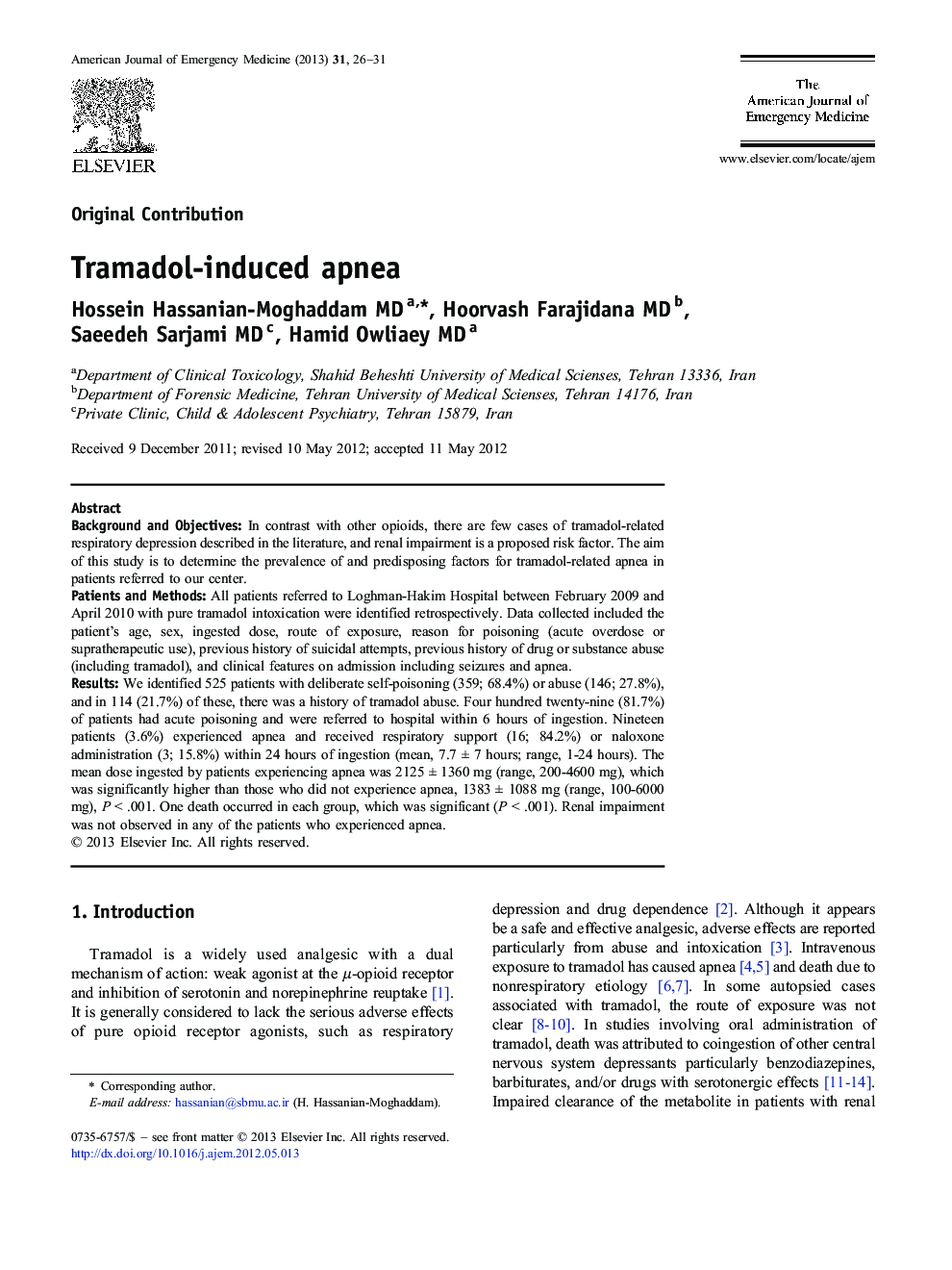 Tramadol-induced apnea