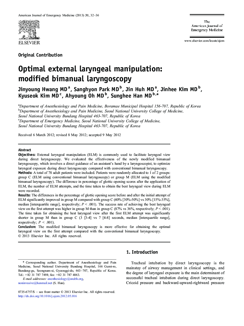 Optimal external laryngeal manipulation: modified bimanual laryngoscopy