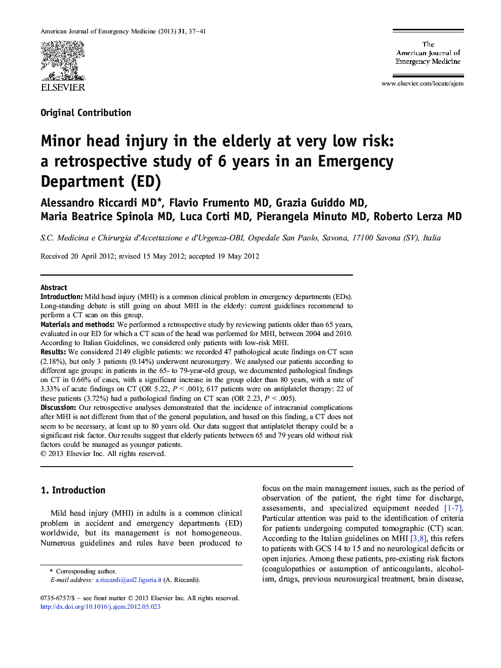 Minor head injury in the elderly at very low risk: a retrospective study of 6 years in an Emergency Department (ED)