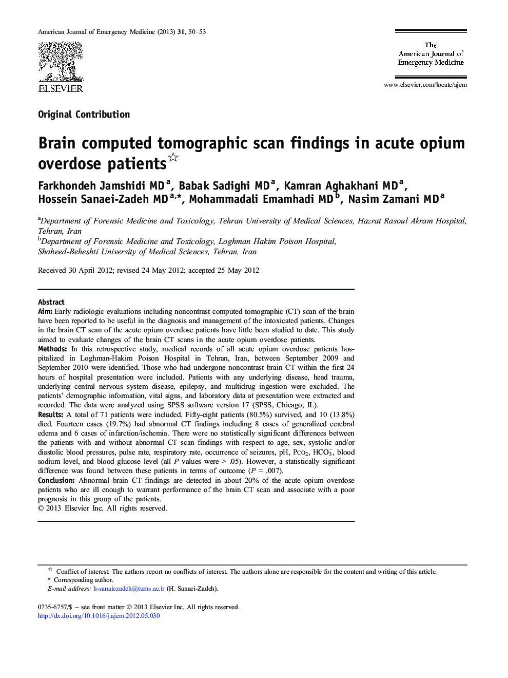 Brain computed tomographic scan findings in acute opium overdose patients