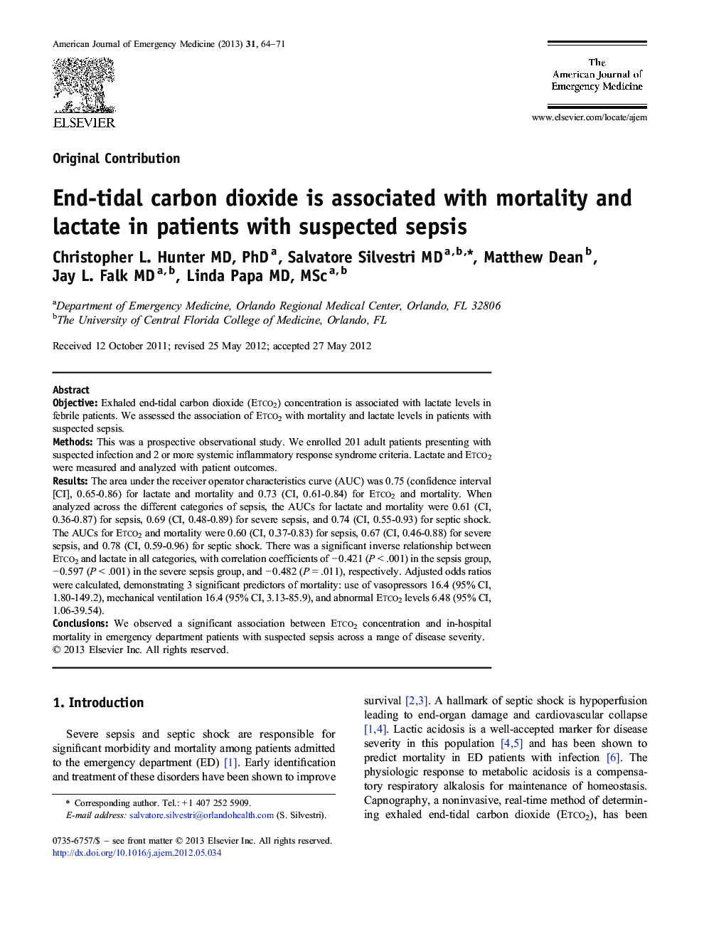 End-tidal carbon dioxide is associated with mortality and lactate in patients with suspected sepsis