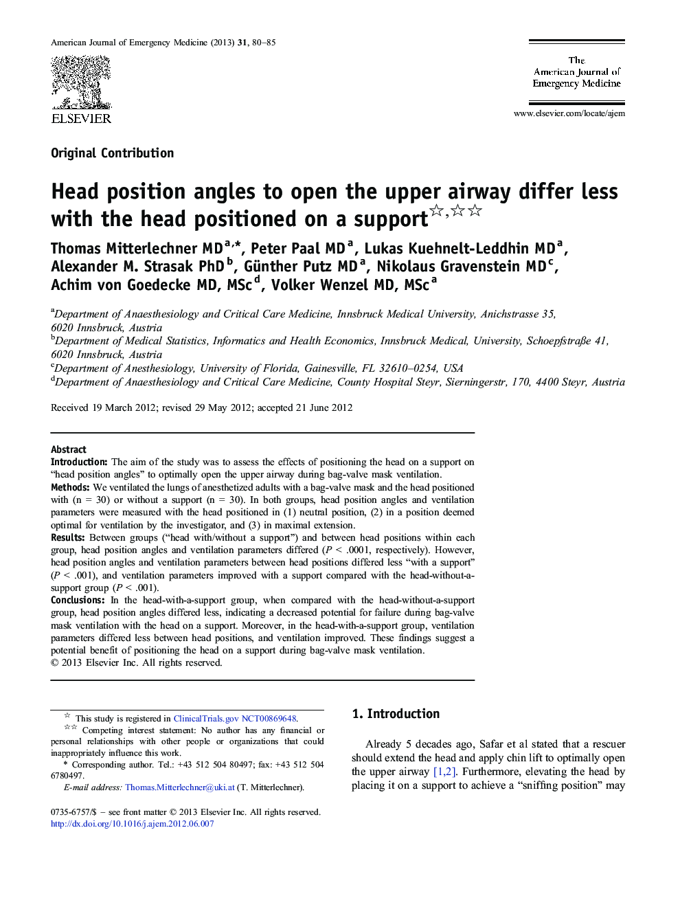 Head position angles to open the upper airway differ less with the head positioned on a support 