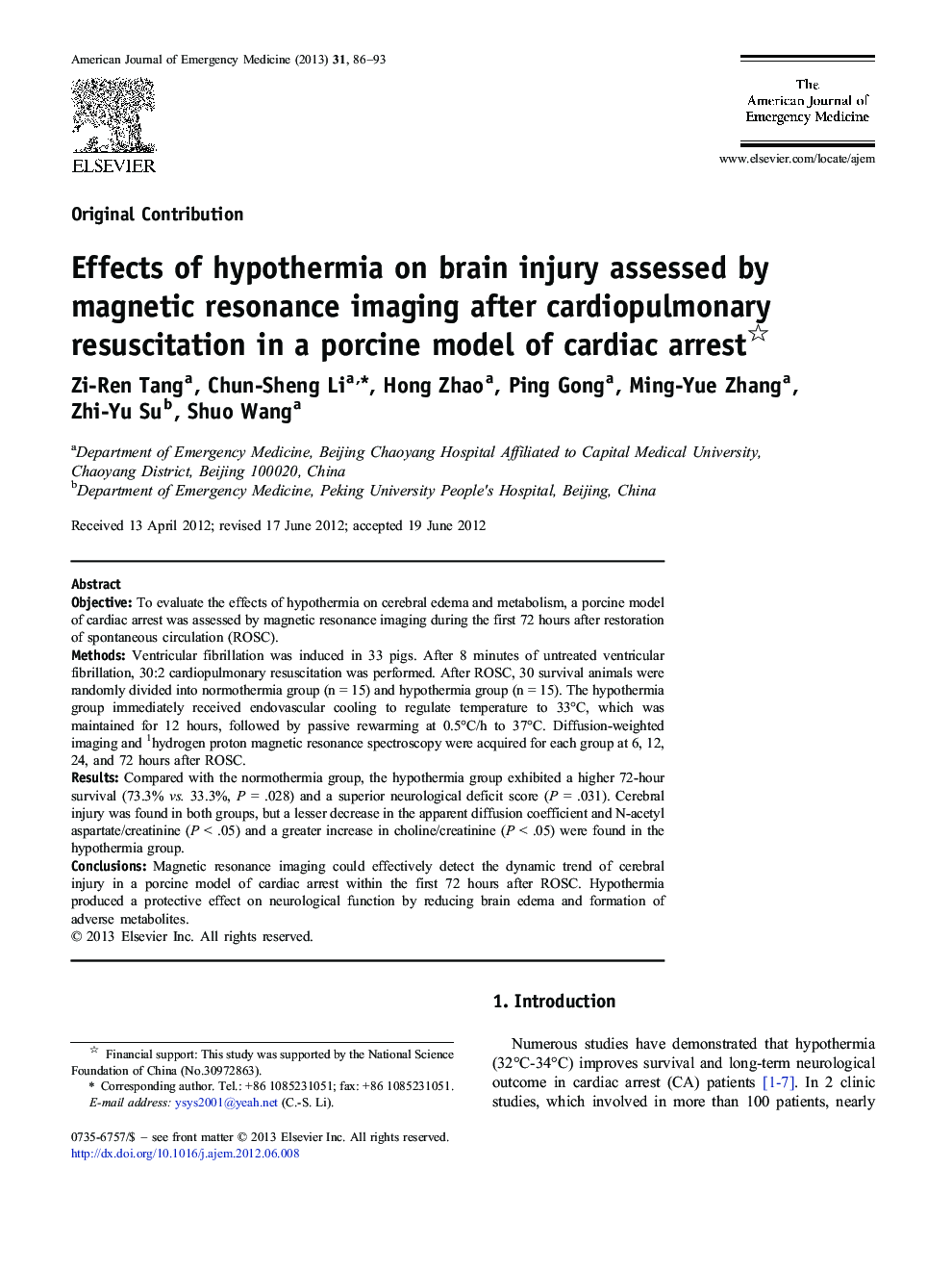 Effects of hypothermia on brain injury assessed by magnetic resonance imaging after cardiopulmonary resuscitation in a porcine model of cardiac arrest 