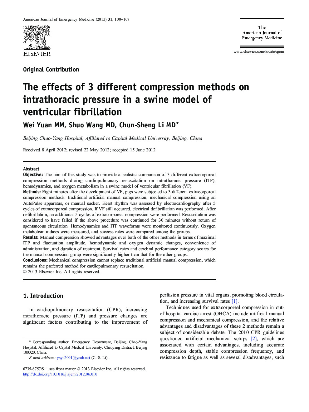 The effects of 3 different compression methods on intrathoracic pressure in a swine model of ventricular fibrillation