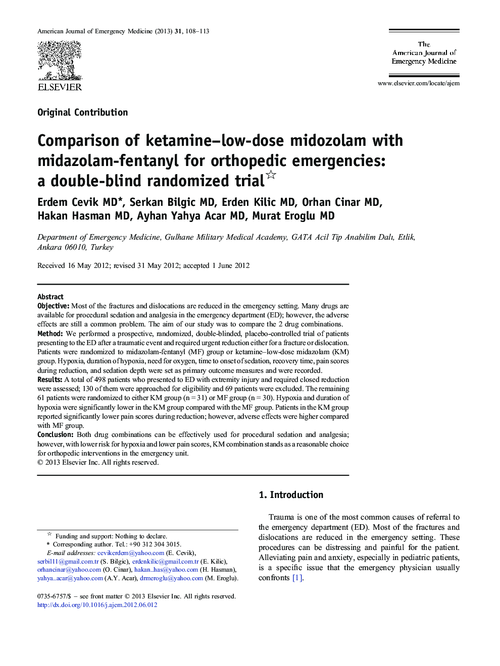 Comparison of ketamine–low-dose midozolam with midazolam-fentanyl for orthopedic emergencies: a double-blind randomized trial 