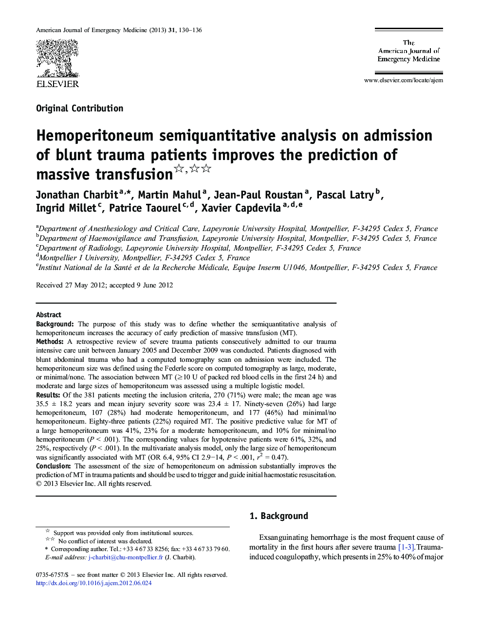Hemoperitoneum semiquantitative analysis on admission of blunt trauma patients improves the prediction of massive transfusion