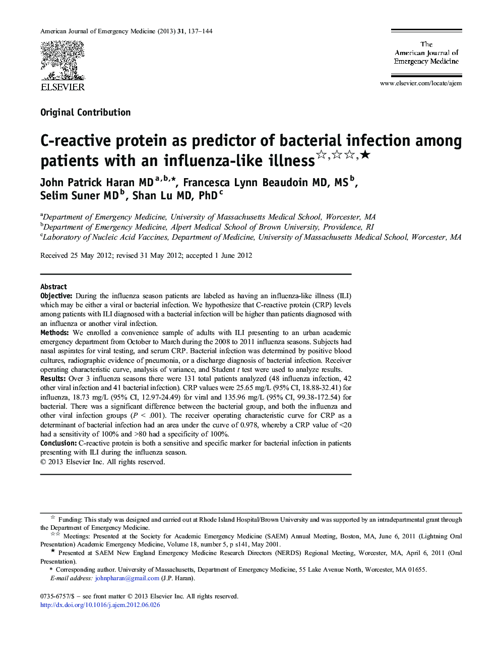 C-reactive protein as predictor of bacterial infection among patients with an influenza-like illness ★