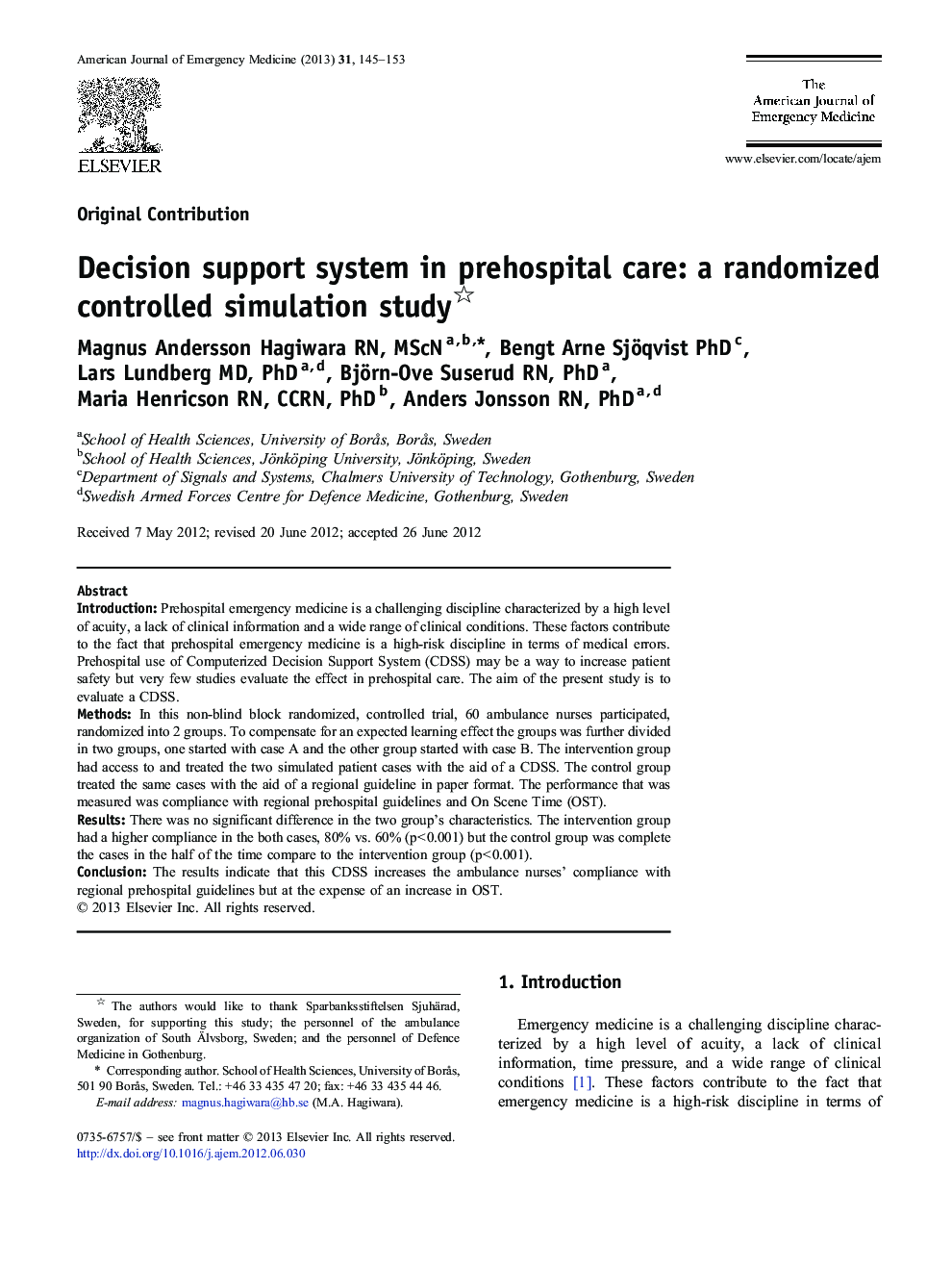 Decision support system in prehospital care: a randomized controlled simulation study 