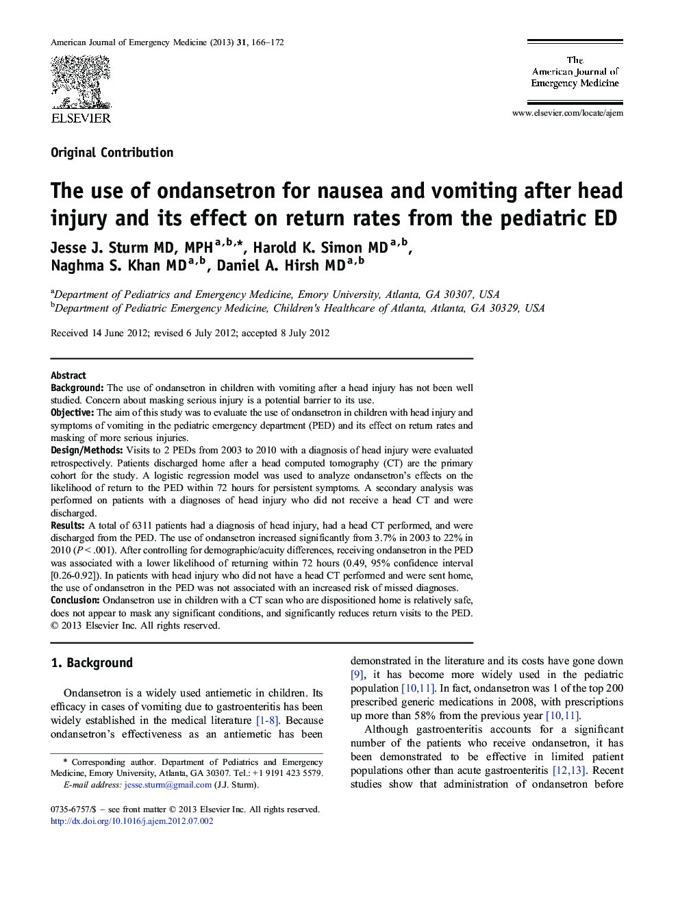 The use of ondansetron for nausea and vomiting after head injury and its effect on return rates from the pediatric ED