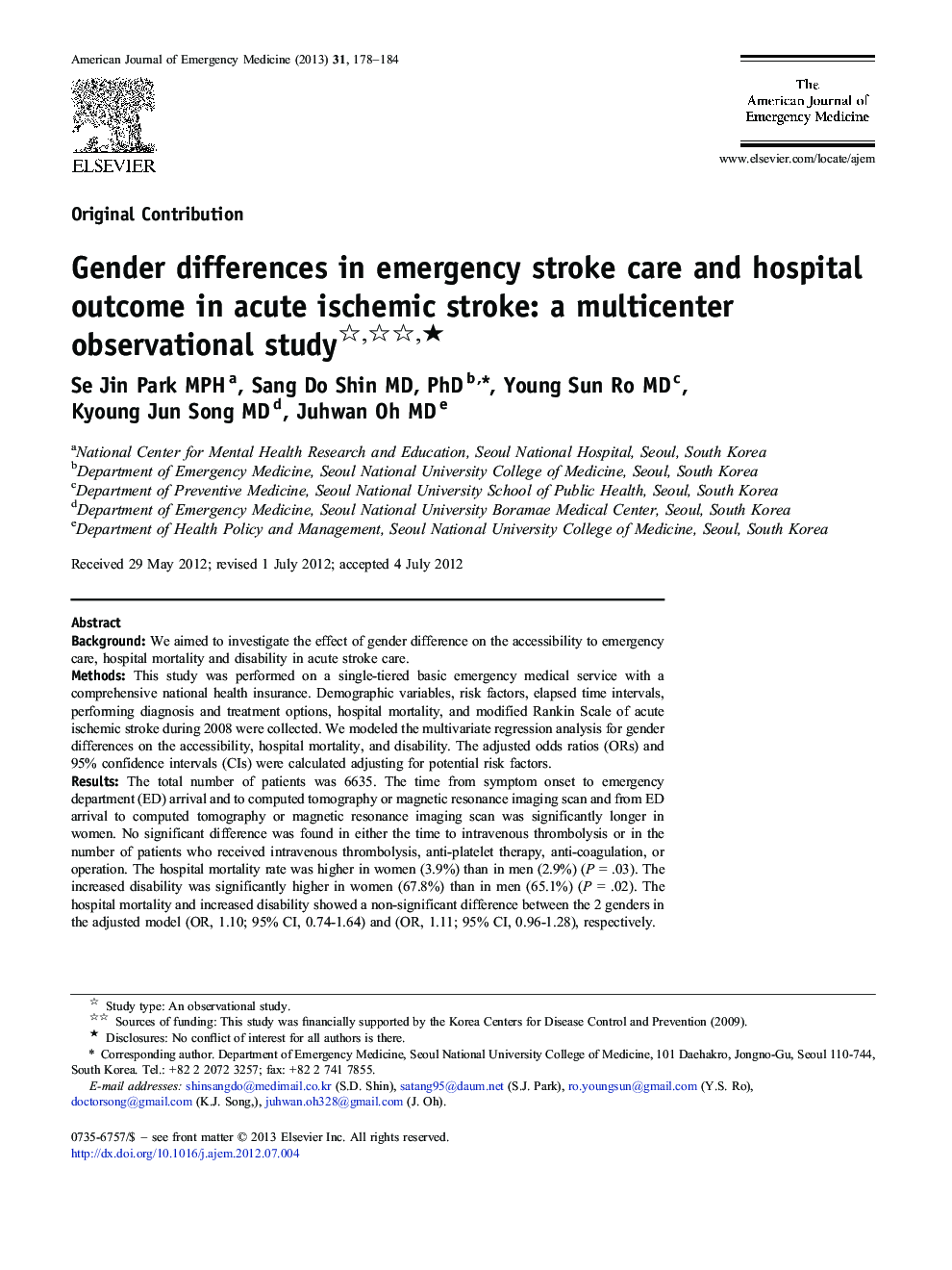 Gender differences in emergency stroke care and hospital outcome in acute ischemic stroke: a multicenter observational study ★