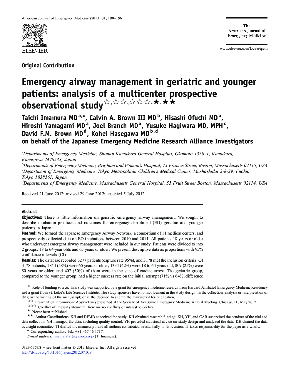 Emergency airway management in geriatric and younger patients: analysis of a multicenter prospective observational study ★★★