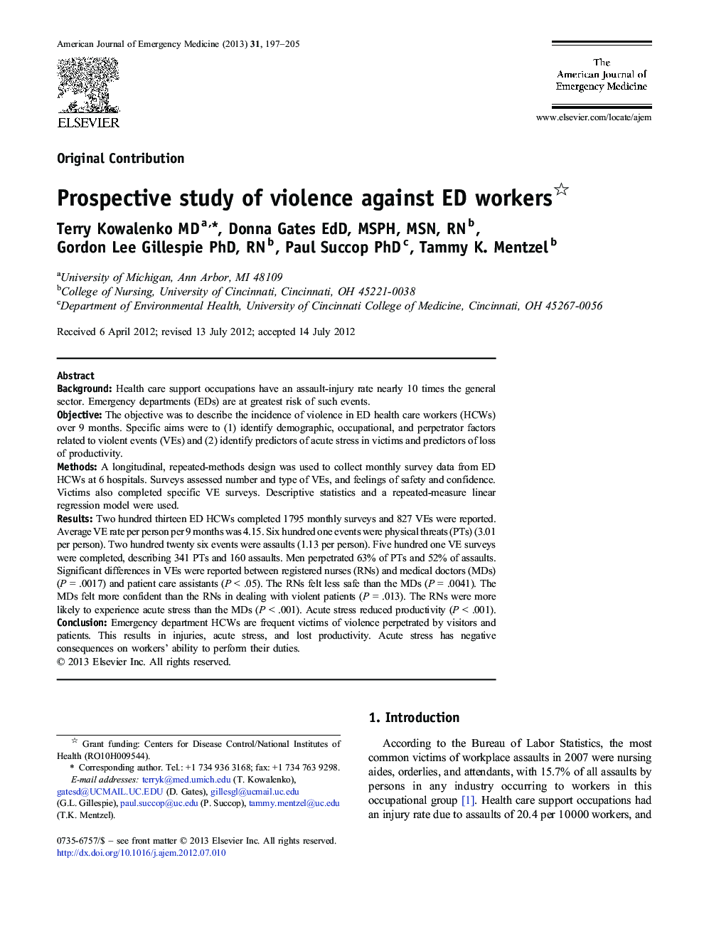 Prospective study of violence against ED workers 