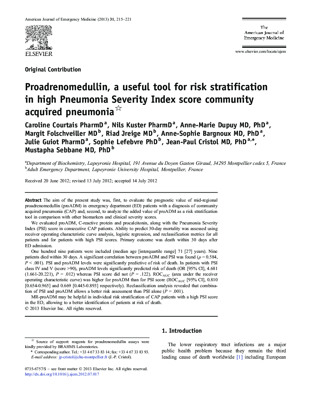 Proadrenomedullin, a useful tool for risk stratification in high Pneumonia Severity Index score community acquired pneumonia 