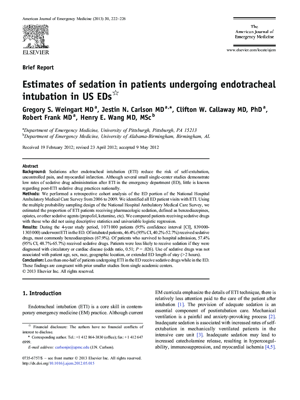 Estimates of sedation in patients undergoing endotracheal intubation in US EDs 