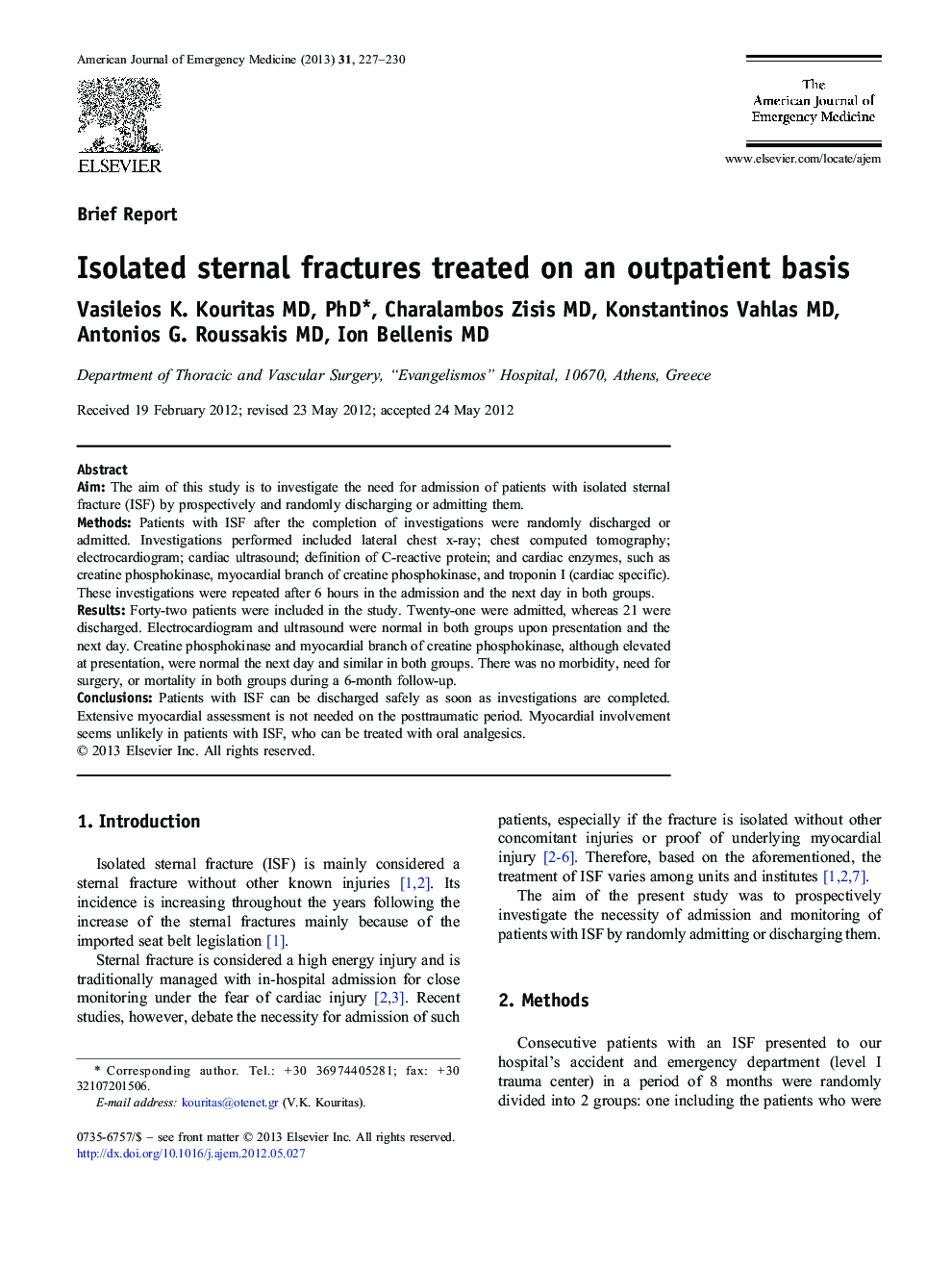 Isolated sternal fractures treated on an outpatient basis