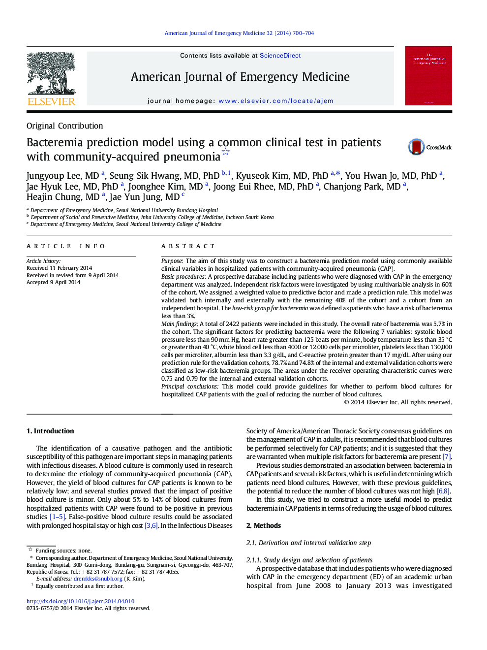 Bacteremia prediction model using a common clinical test in patients with community-acquired pneumonia 