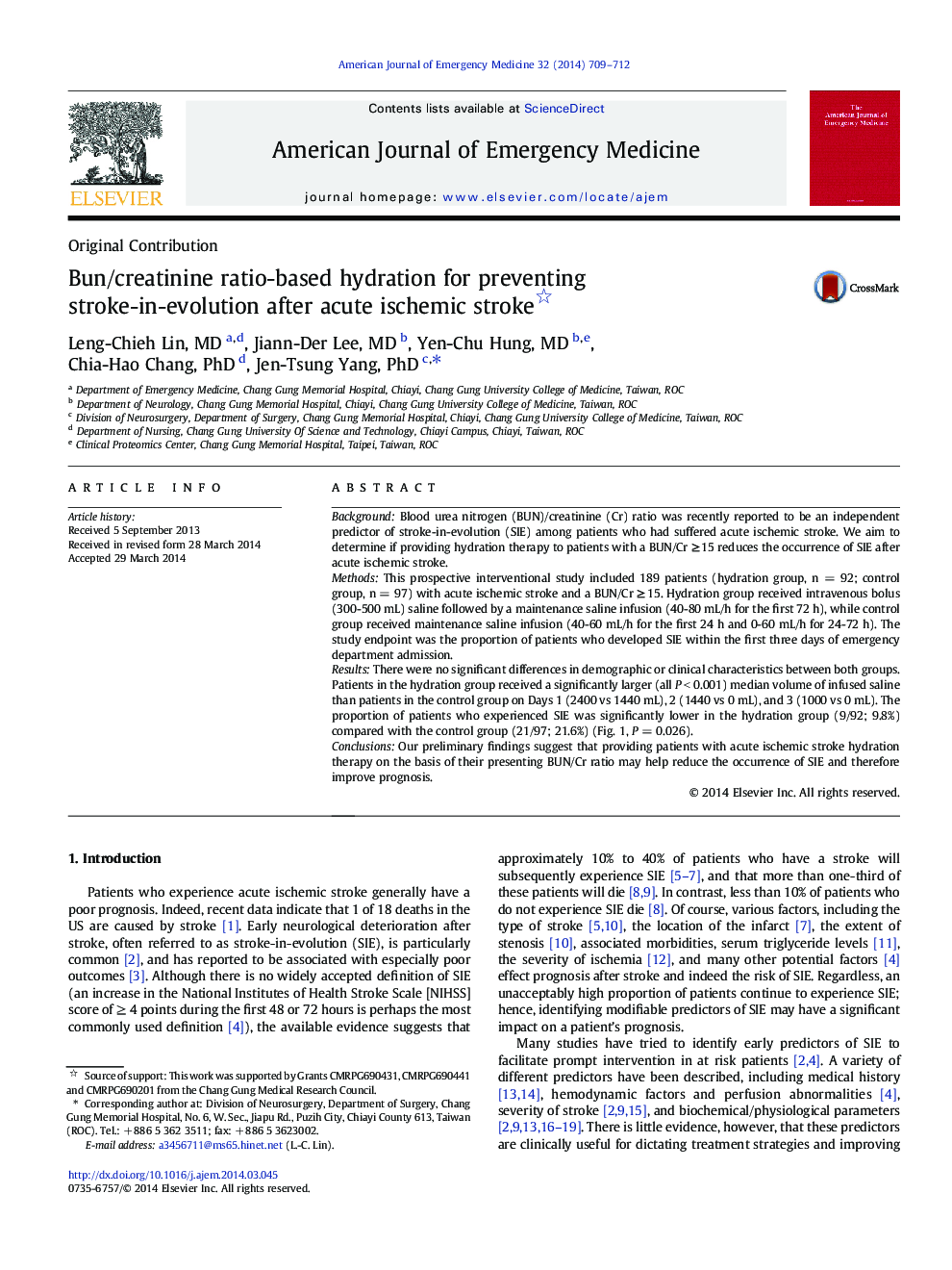 Bun/creatinine ratio-based hydration for preventing stroke-in-evolution after acute ischemic stroke 