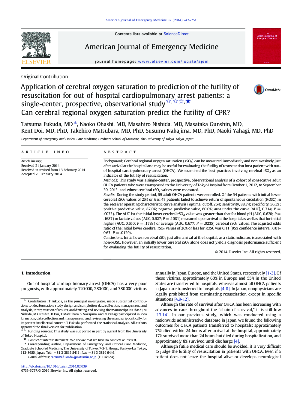 Application of cerebral oxygen saturation to prediction of the futility of resuscitation for out-of-hospital cardiopulmonary arrest patients: a single-center, prospective, observational study ★: Can cerebral regional oxygen saturation predict the futil