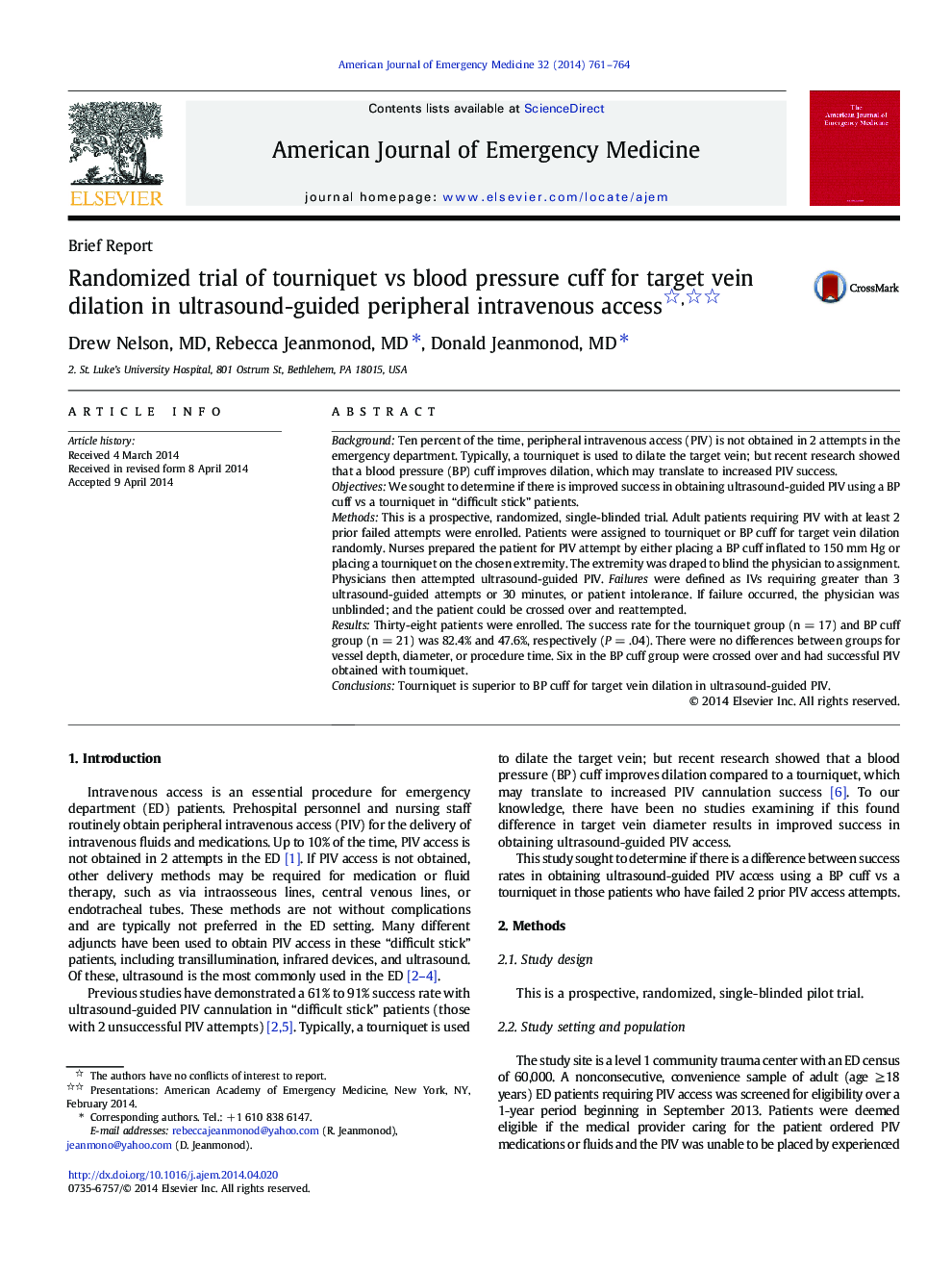 Randomized trial of tourniquet vs blood pressure cuff for target vein dilation in ultrasound-guided peripheral intravenous access 