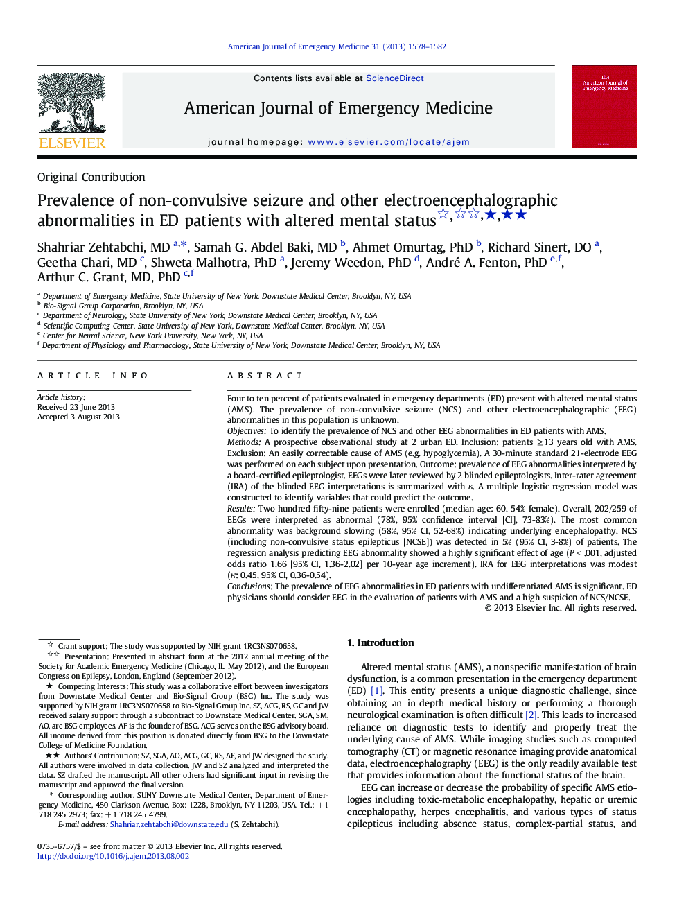 Prevalence of non-convulsive seizure and other electroencephalographic abnormalities in ED patients with altered mental status ★★★