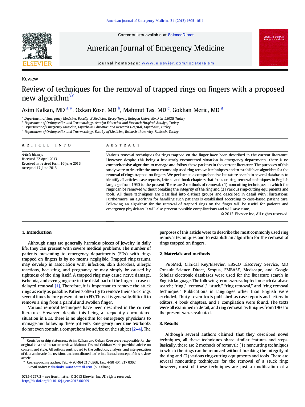 Review of techniques for the removal of trapped rings on fingers with a proposed new algorithm