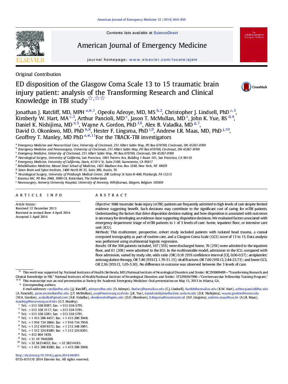 ED disposition of the Glasgow Coma Scale 13 to 15 traumatic brain injury patient: analysis of the Transforming Research and Clinical Knowledge in TBI study 