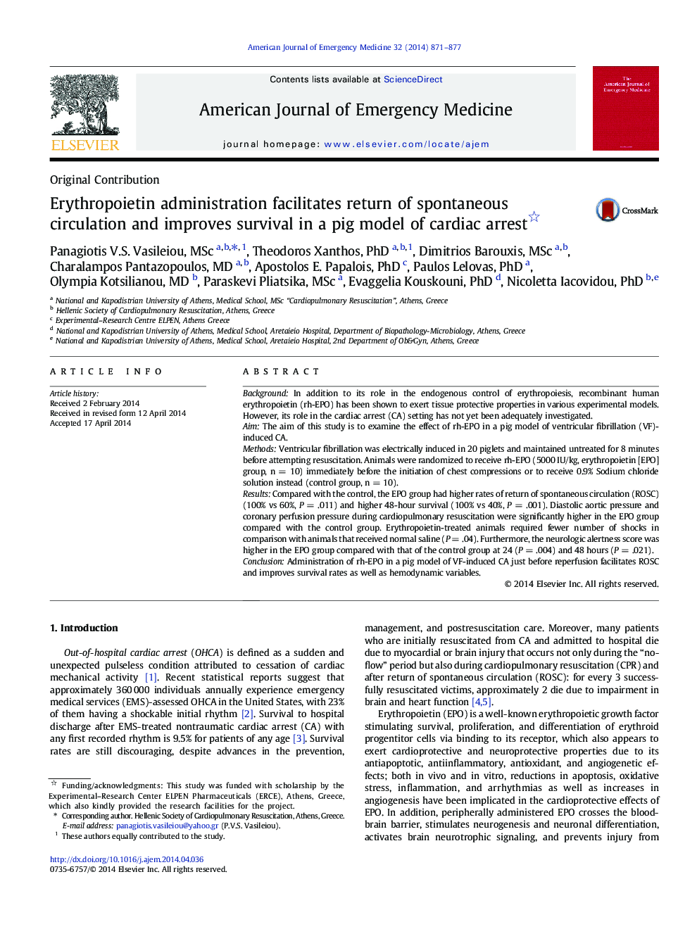 Erythropoietin administration facilitates return of spontaneous circulation and improves survival in a pig model of cardiac arrest 