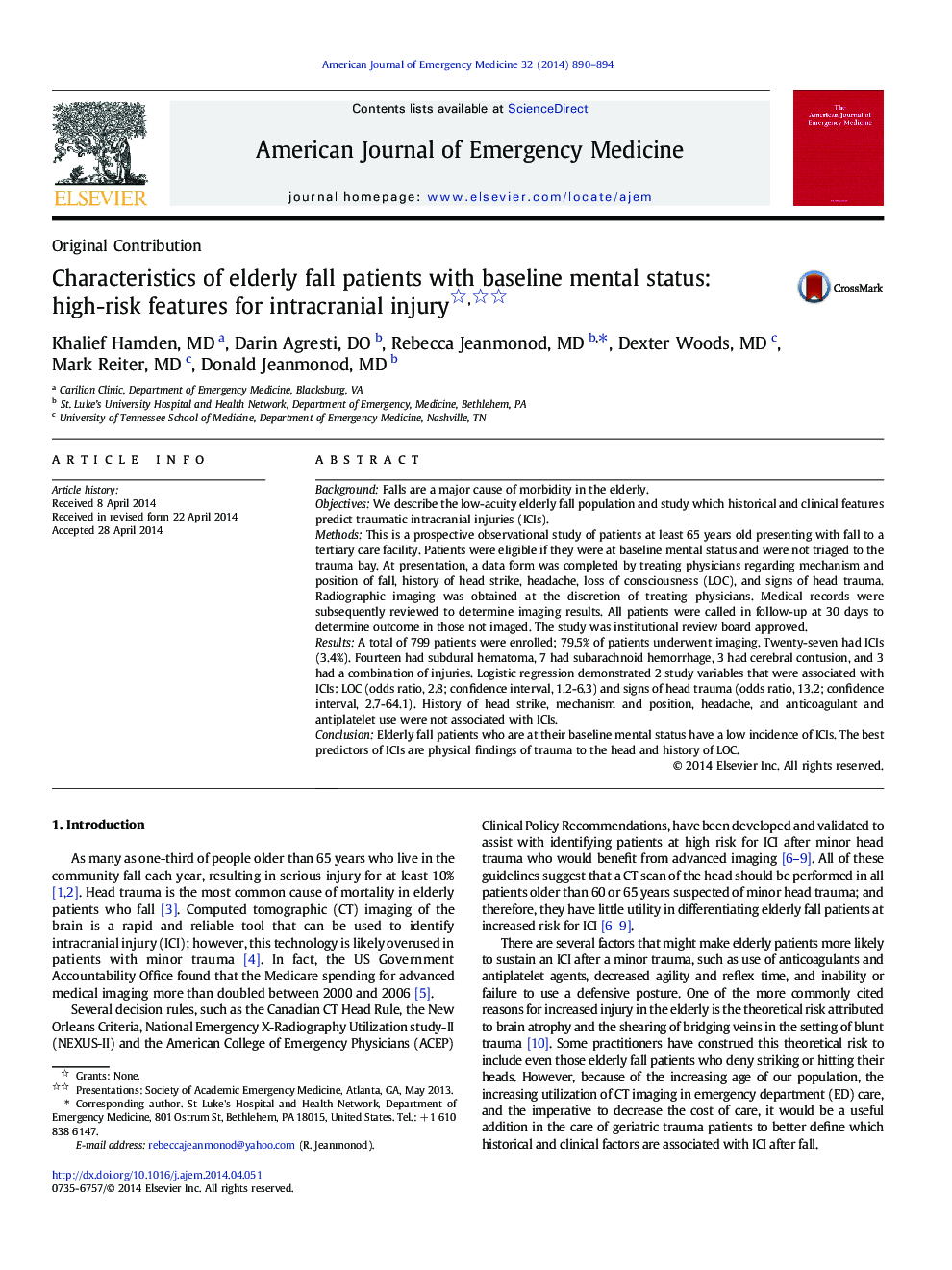 Characteristics of elderly fall patients with baseline mental status: high-risk features for intracranial injury 