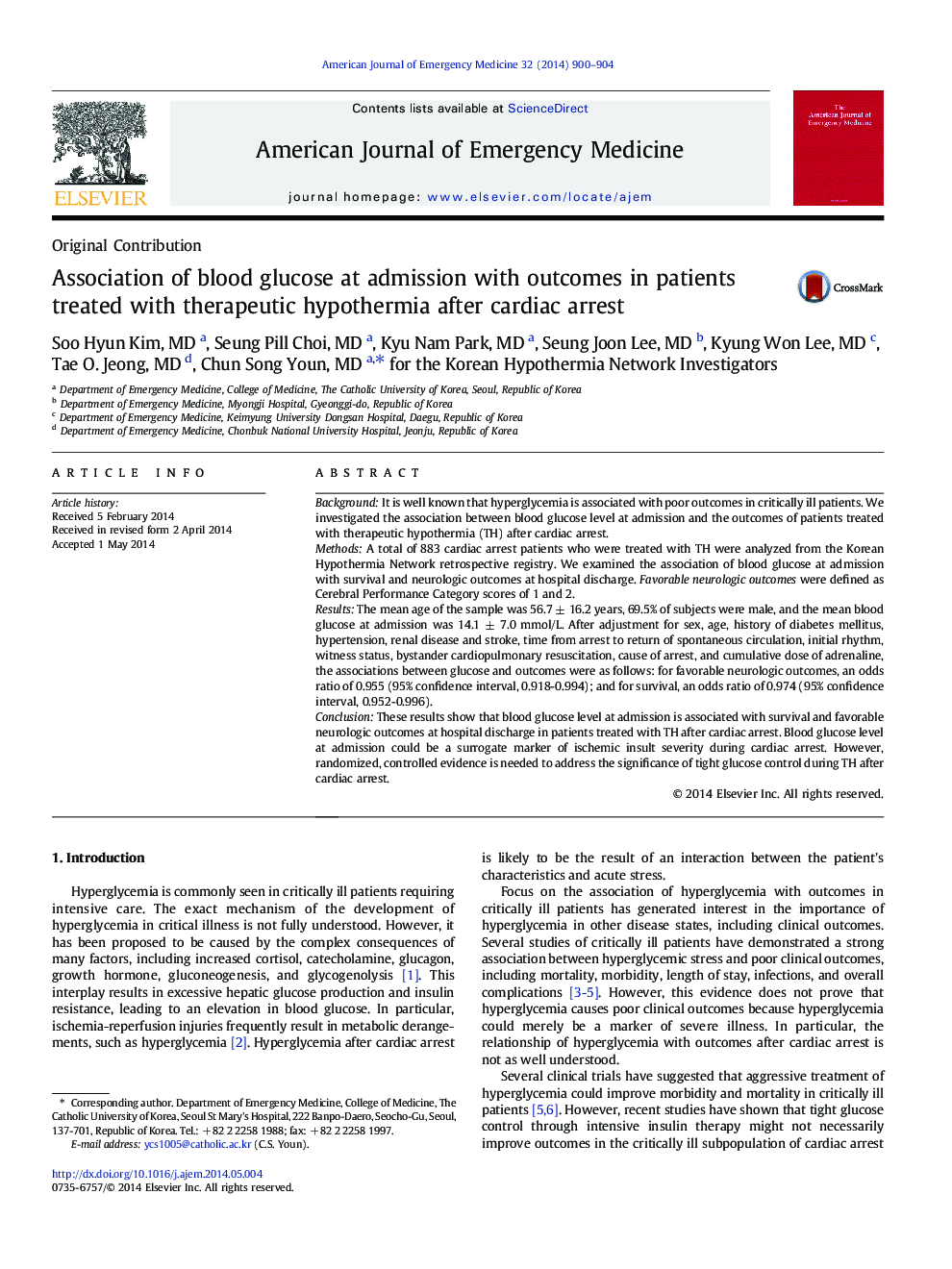 Association of blood glucose at admission with outcomes in patients treated with therapeutic hypothermia after cardiac arrest