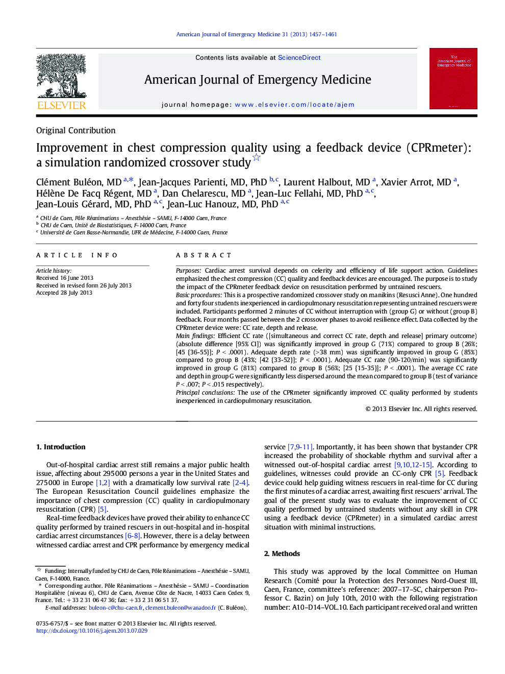 Improvement in chest compression quality using a feedback device (CPRmeter): a simulation randomized crossover study 