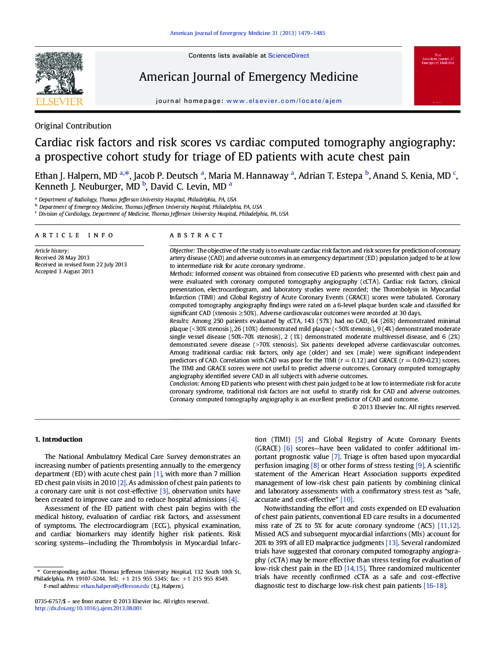 Cardiac risk factors and risk scores vs cardiac computed tomography angiography: a prospective cohort study for triage of ED patients with acute chest pain