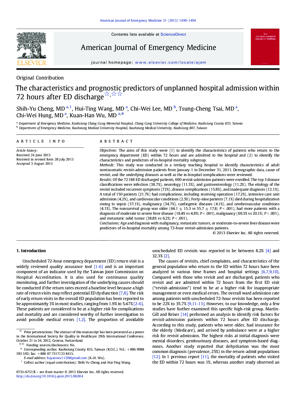 The characteristics and prognostic predictors of unplanned hospital admission within 72 hours after ED discharge 