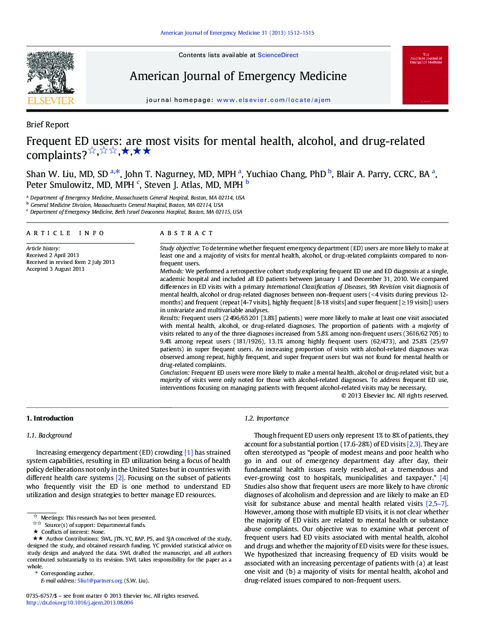 Frequent ED users: are most visits for mental health, alcohol, and drug-related complaints? ★★★