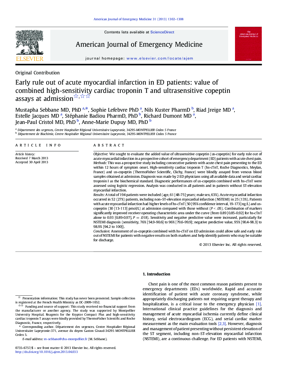 Early rule out of acute myocardial infarction in ED patients: value of combined high-sensitivity cardiac troponin T and ultrasensitive copeptin assays at admission 