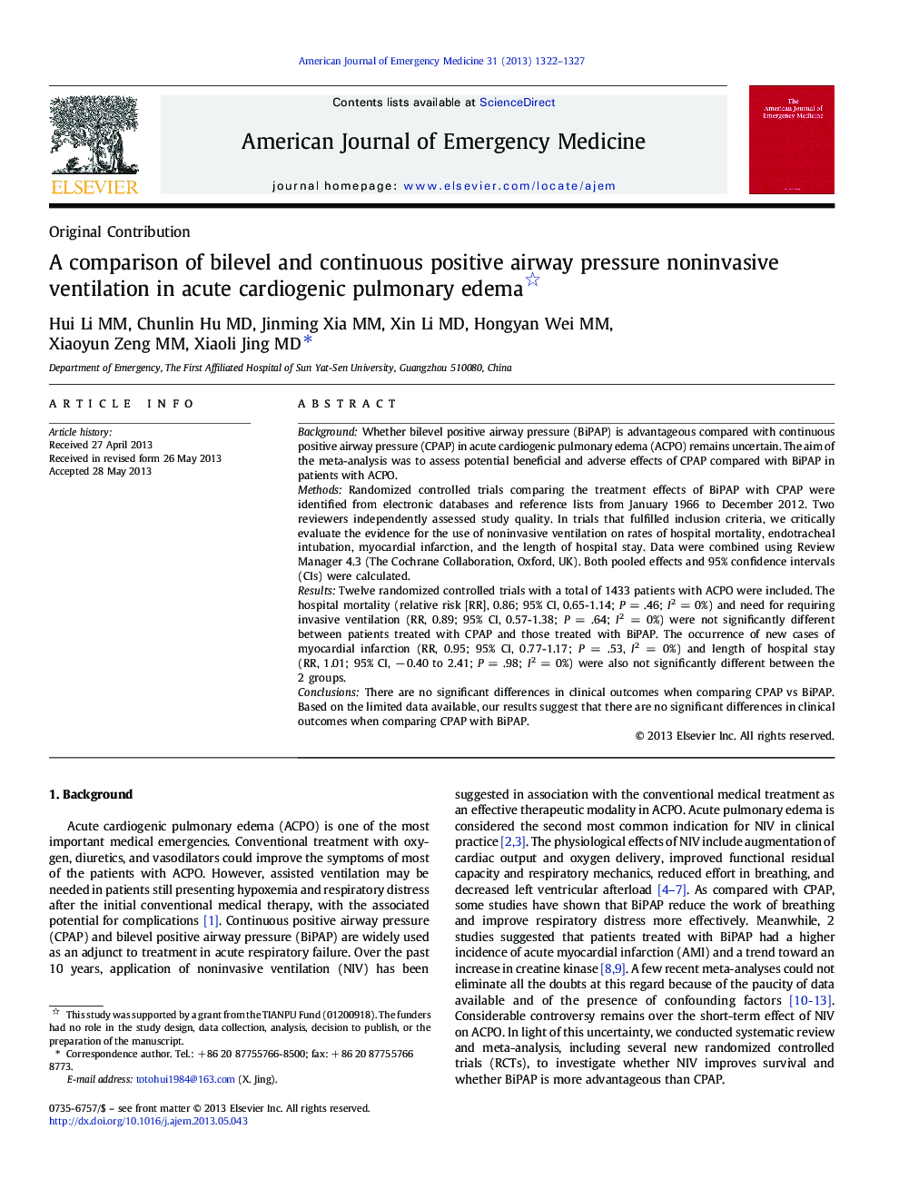 A comparison of bilevel and continuous positive airway pressure noninvasive ventilation in acute cardiogenic pulmonary edema 