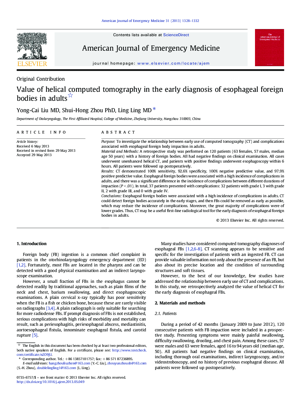Value of helical computed tomography in the early diagnosis of esophageal foreign bodies in adults 